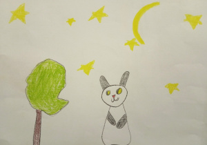 Panda, drzewo i gwiazdy.