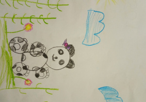 Panda na łące wśród drzew i kwiatów.